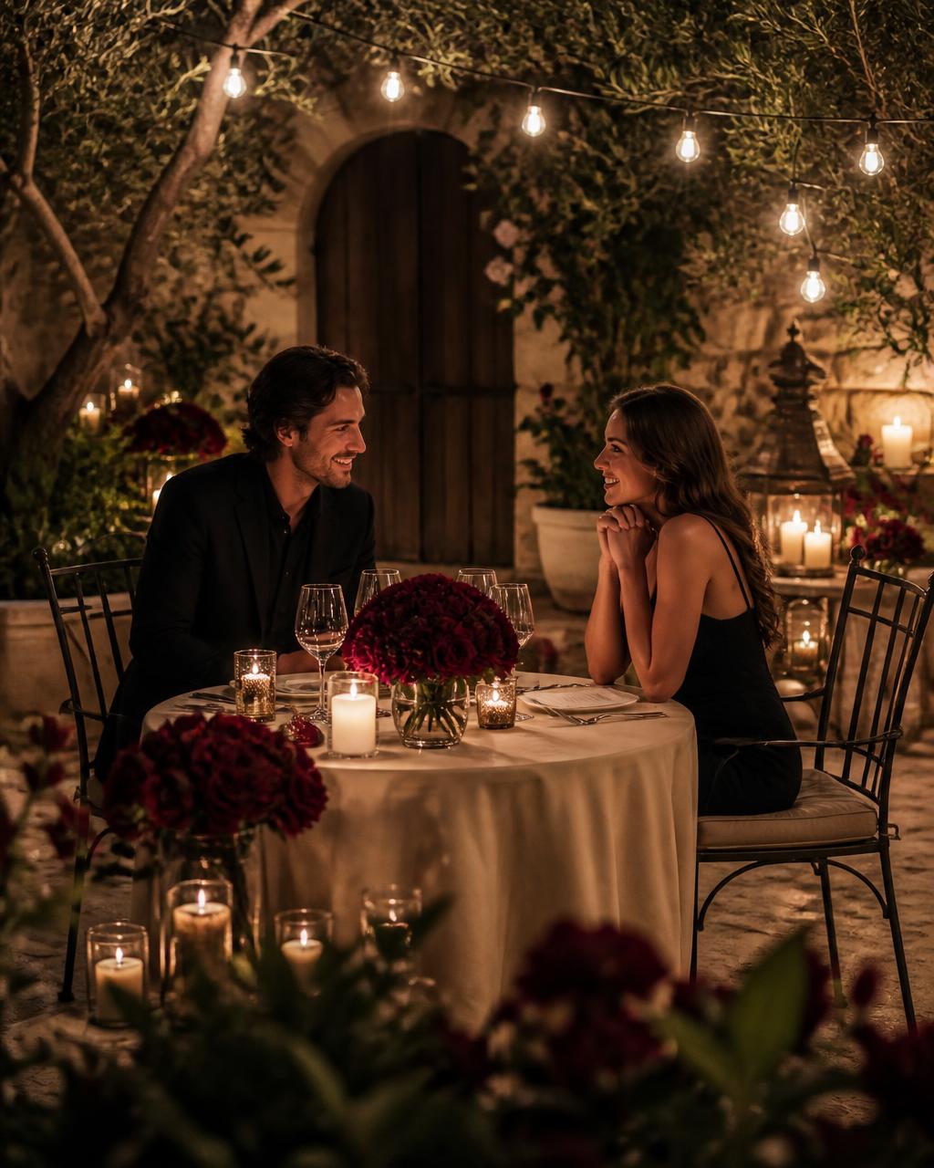 Candlelit anniversary dinner for two in a garden courtyard