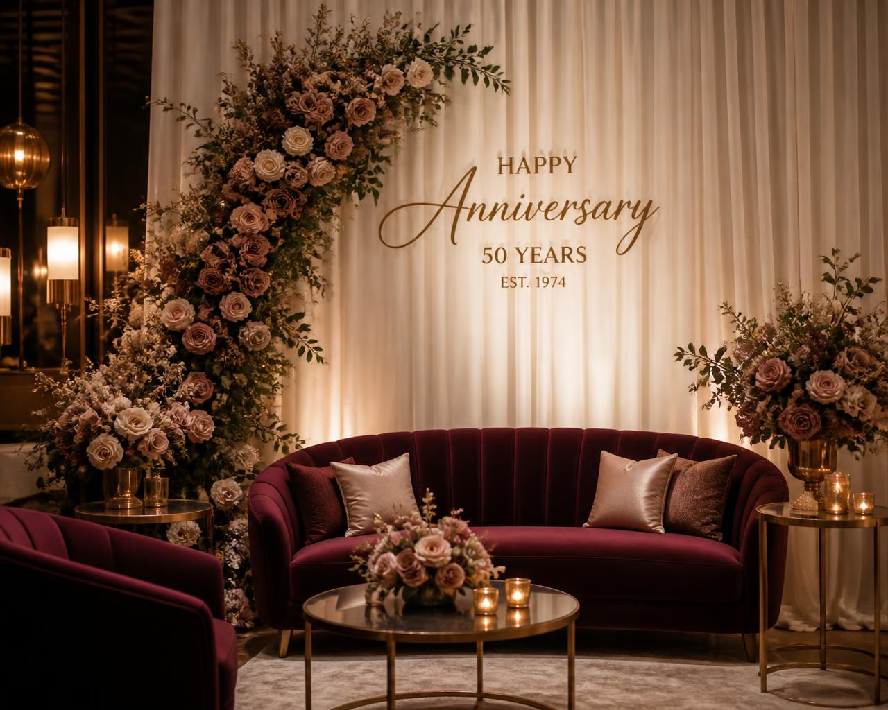 Anniversary lounge vignette with burgundy velvet seating and florals