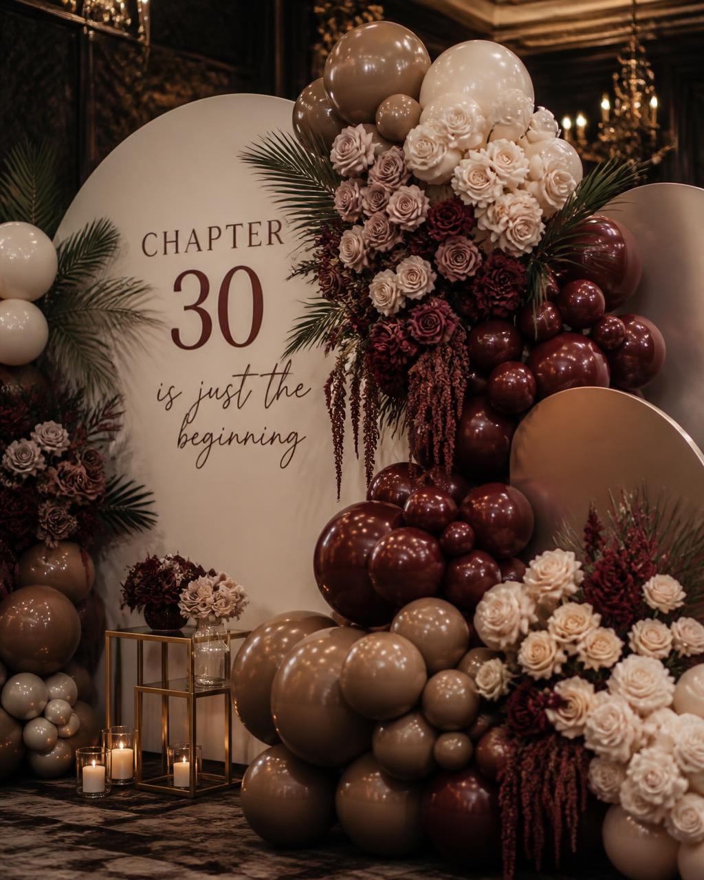 Balloon and floral installation in burgundy, mocha and cream