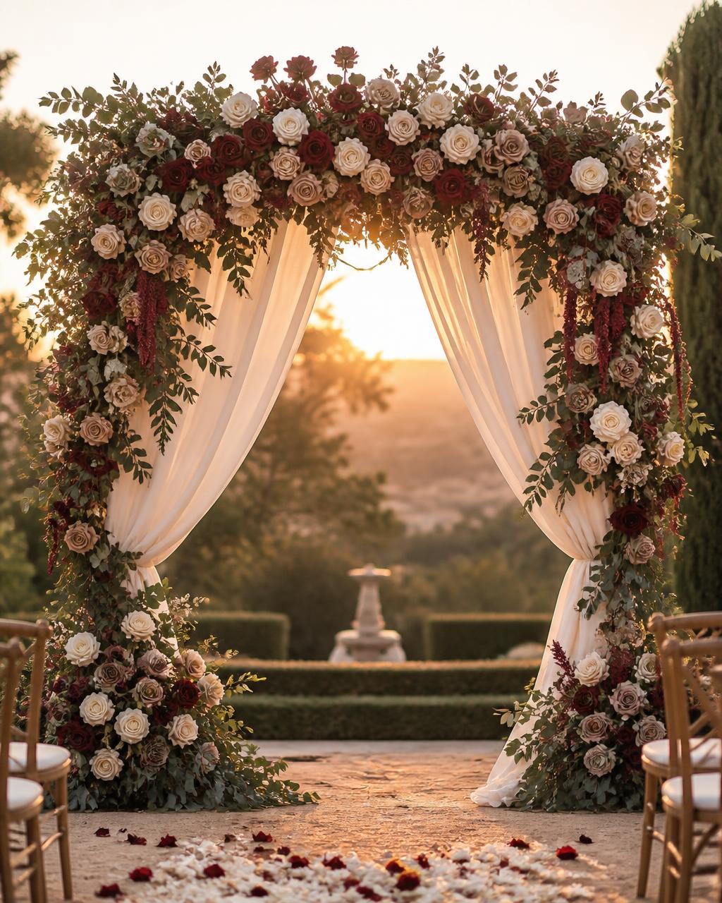 Floral arch installation in burgundy and cream at a sunset ceremony