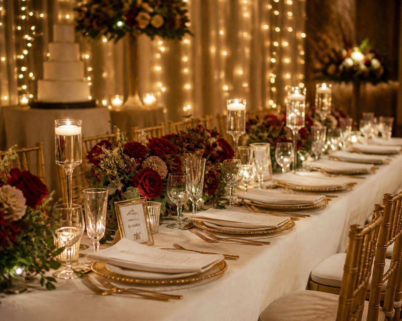 Candlelit wedding head table with gold chargers and burgundy roses