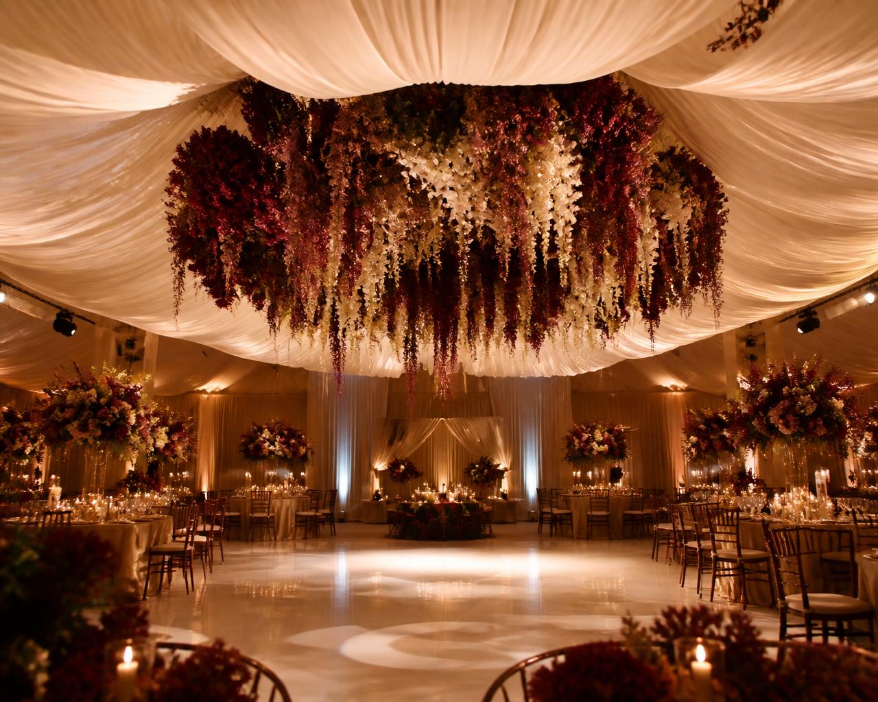 Suspended floral installation above a draped reception dance floor